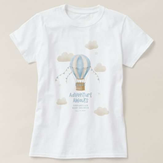 Baby shower blauw heteluchtballonavontuur wacht op t-shirt (Design voorkant)