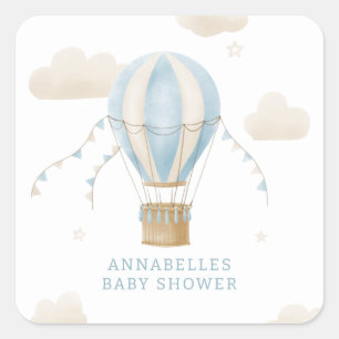 Baby shower blauw heteluchtballonavontuur wacht op vierkante sticker