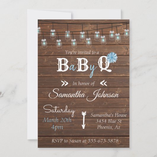 Baby Shower Blauw Jongensfeest BBQ Rustic Hout Kaart (Voorkant)