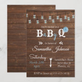 Baby Shower Blauw Jongensfeest BBQ Rustic Hout Kaart (Voorkant / Achterkant)
