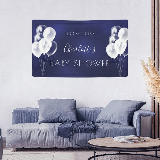 Baby shower blauw jongetje witte ballonnen spandoek