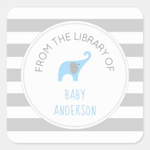 Baby shower blauw olifant BOEK, jongen bookplate Vierkante Sticker