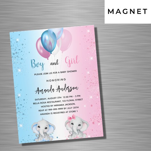 Baby shower blauw roze jongen meisje olifanten lux magnetische uitnodiging