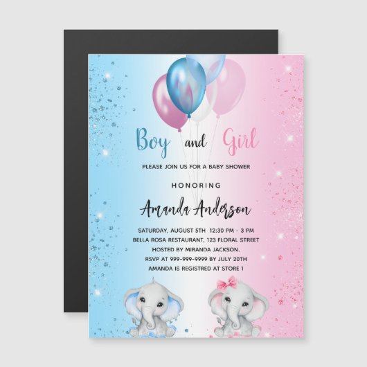 Baby shower blauw roze jongen meisje olifanten lux magnetische uitnodiging (Voorkant / Achterkant)
