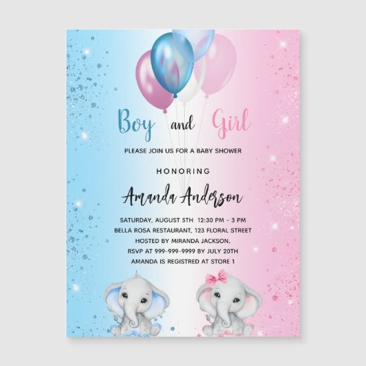 Baby shower blauw roze jongen meisje olifanten lux magnetische uitnodiging (Voorkant)