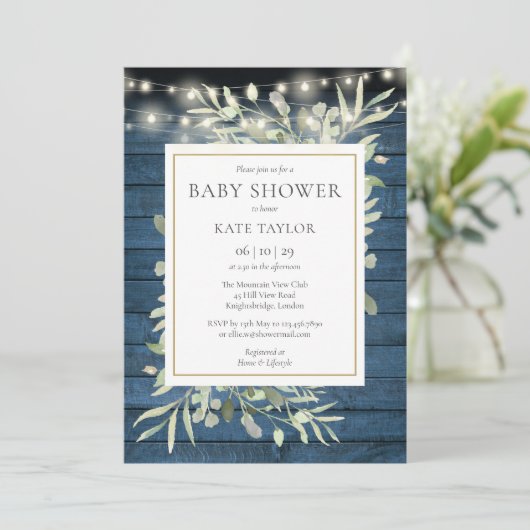 Baby shower blauw Rustisch Hood String Lights Kaart (Staand voorkant)