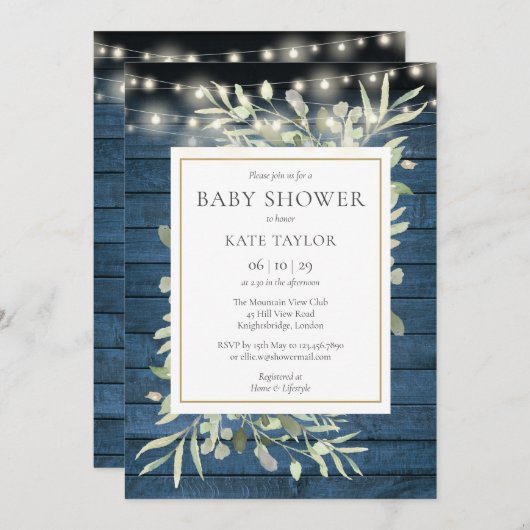 Baby shower blauw Rustisch Hood String Lights Kaart (Voorkant / Achterkant)