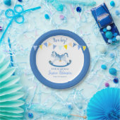 Baby shower blauw schommelend hobbypaard aangepast papieren bordje (Feest)