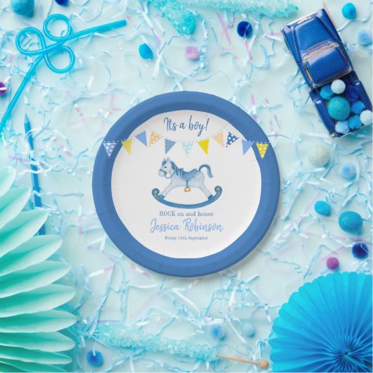 Baby shower blauw schommelend hobbypaard aangepast papieren bordje (Feest)