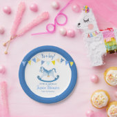 Baby shower blauw schommelend hobbypaard aangepast papieren bordje (Feest)