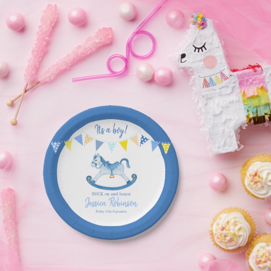 Baby shower blauw schommelend hobbypaard aangepast papieren bordje (Feest)