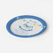 Baby shower blauw schommelend hobbypaard aangepast papieren bordje (Gekanteld)