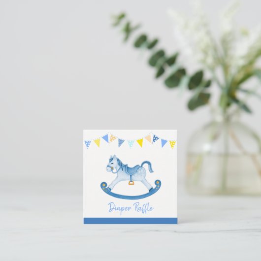 Baby shower blauw schommelpaard luier verloting ka informatiekaartje (Staand voorkant)