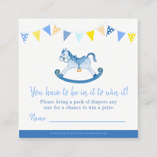 Baby shower blauw schommelpaard luier verloting ka informatiekaartje (Achterkant)