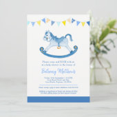 Baby shower blauw schommelpaard uitnodigingen (Staand voorkant)