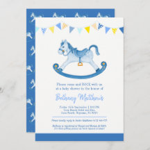 Baby shower blauw schommelpaard uitnodigingen