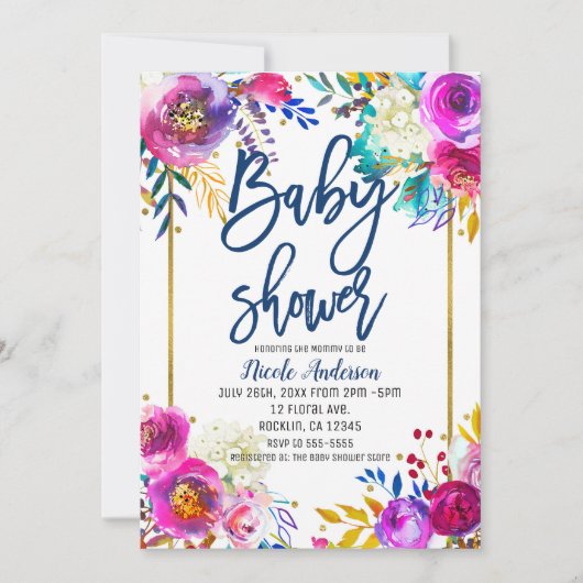 Baby shower Blauw Script Vetgedrukte Waterverf Blo Kaart (Voorkant)