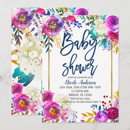 Baby shower Blauw Script Vetgedrukte Waterverf Blo Kaart (Voorkant / Achterkant)