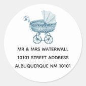 Baby shower  Blauw Speelgoed Buggy Adres Ronde Sticker (Voorkant)