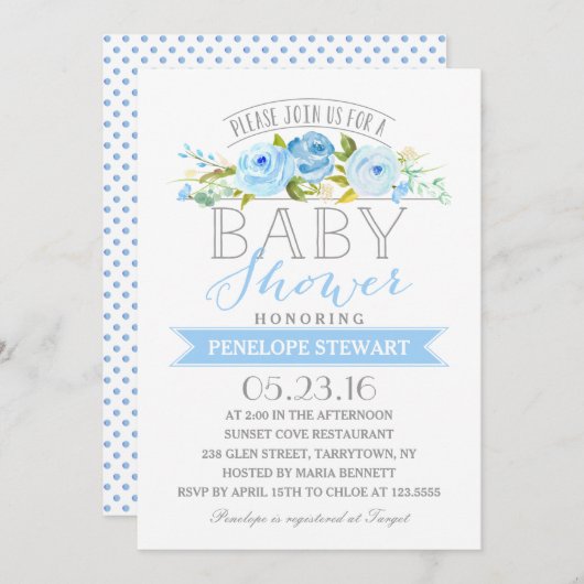 Baby shower blauw | uitnodiging tot baby shower (Voorkant / Achterkant)