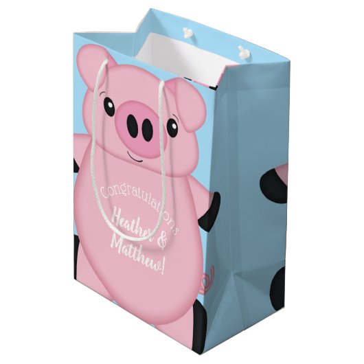 Baby shower Blauw Varkens Medium Cadeauzakje (Achterkant Gekanteld)