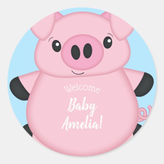 Baby shower Blauw Varkens Ronde Sticker (Voorkant)
