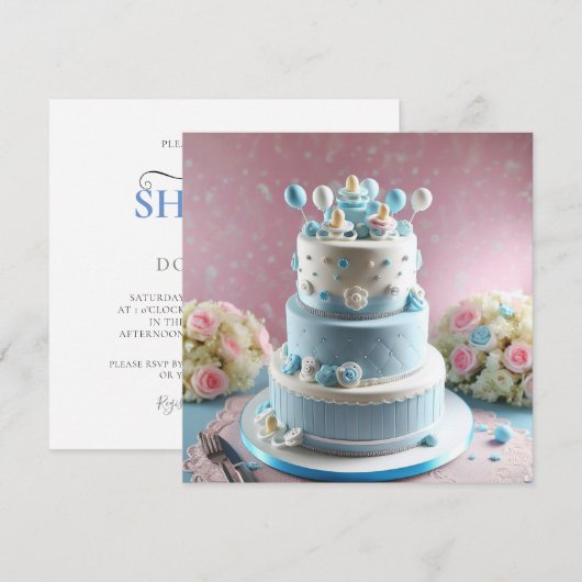 BABY SHOWER, BLAUW & WITTE CAKE MET FOPSPENEN KAART (Voorkant / Achterkant)