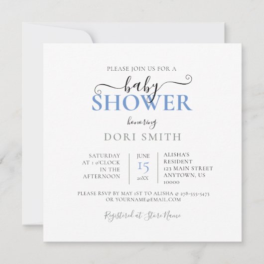 BABY SHOWER, BLAUW & WITTE CAKE MET FOPSPENEN KAART (Achterkant)