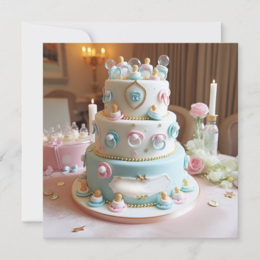 BABY SHOWER, BLAUW & WITTE CAKE MET FOPSPENEN KAART (Voorkant)