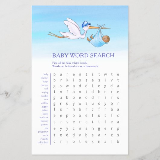 Baby shower blauw woord zoeken baby match spel flyer (Voorkant)