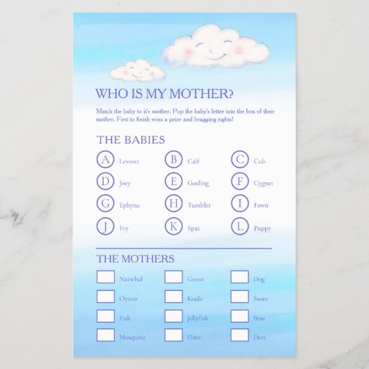 Baby shower blauw woord zoeken baby match spel flyer (Achterkant)