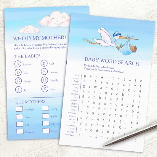 Baby shower blauw woord zoeken baby match spel flyer