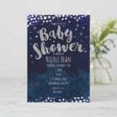 Baby shower Blauw & Zilver Sterrennacht Uitnodigin Kaart (Staand voorkant)