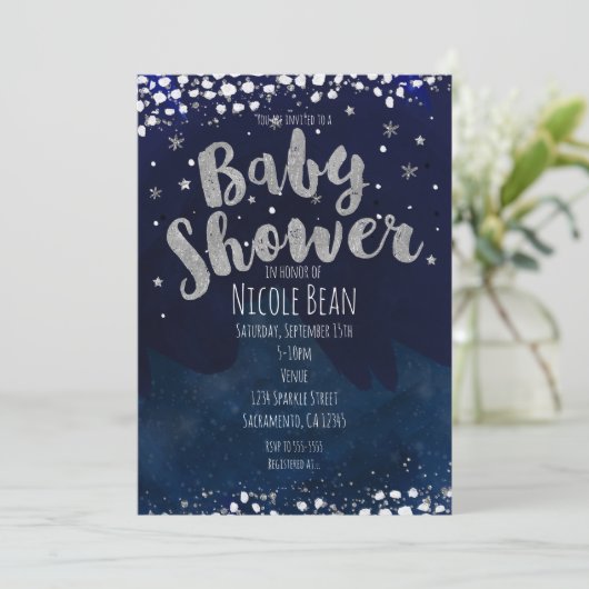 Baby shower Blauw & Zilver Sterrennacht Uitnodigin Kaart (Staand voorkant)