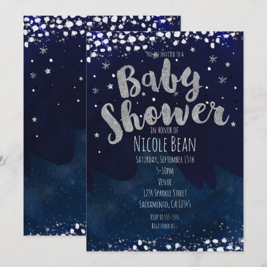 Baby shower Blauw & Zilver Sterrennacht Uitnodigin Kaart (Voorkant / Achterkant)