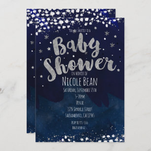 Baby shower Blauw & Zilver Sterrennacht Uitnodigin Kaart