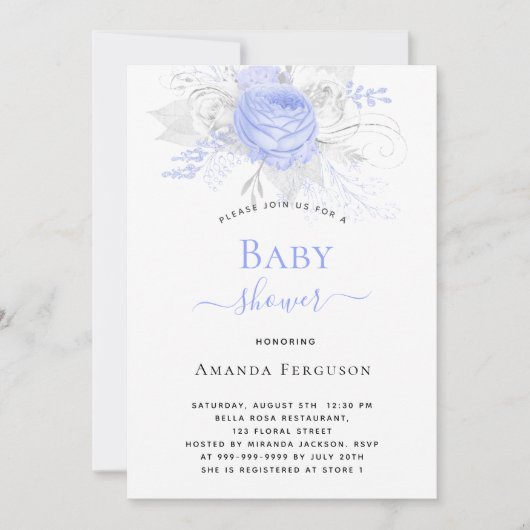 Baby shower blauw zilver wit bloemen jongen kaart (Voorkant)