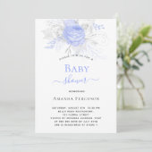Baby shower blauw zilver wit bloemen jongen kaart (Staand voorkant)