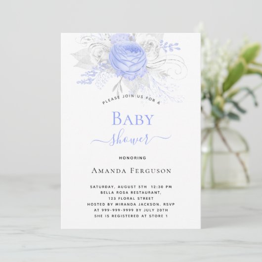 Baby shower blauw zilver wit bloemen jongen kaart (Staand voorkant)
