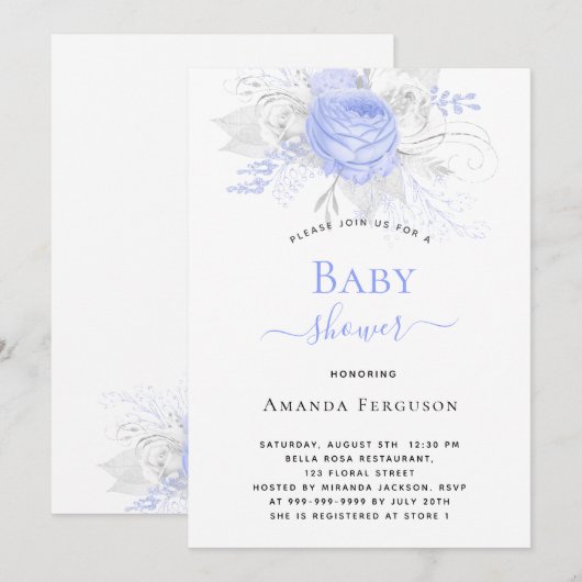 Baby shower blauw zilver wit bloemen jongen kaart (Voorkant / Achterkant)
