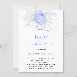 Baby shower blauw zilver wit bloemen jongen kaart