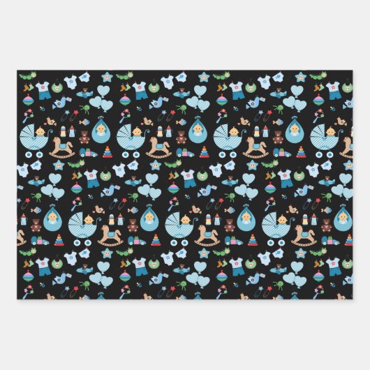 Baby shower blauw/zwart omslagpapier inpakpapier vel (Voorkant)