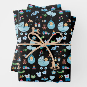 Baby Shower Blauw/Zwarte Inpakpapier Vel