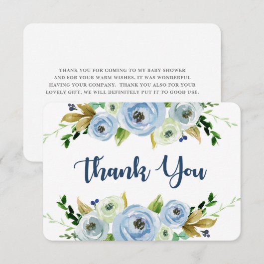 Baby Shower Blauwe aquarel bloem bedankkaart (Voorkant / Achterkant)