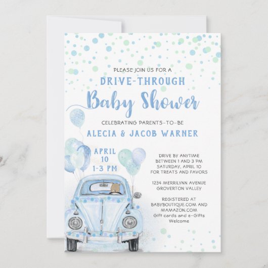 Baby shower blauwe auto kaart (Voorkant)