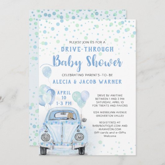 Baby shower blauwe auto kaart (Voorkant / Achterkant)