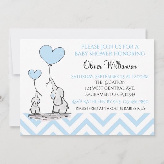 Baby shower Blauwe Baby Olifant met Hart Custom Kaart (Voorkant)