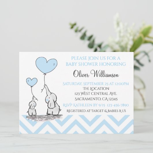Baby shower Blauwe Baby Olifant met Hart Custom Kaart (Staand voorkant)