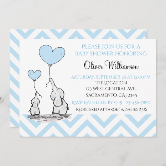 Baby shower Blauwe Baby Olifant met Hart Custom Kaart (Voorkant / Achterkant)