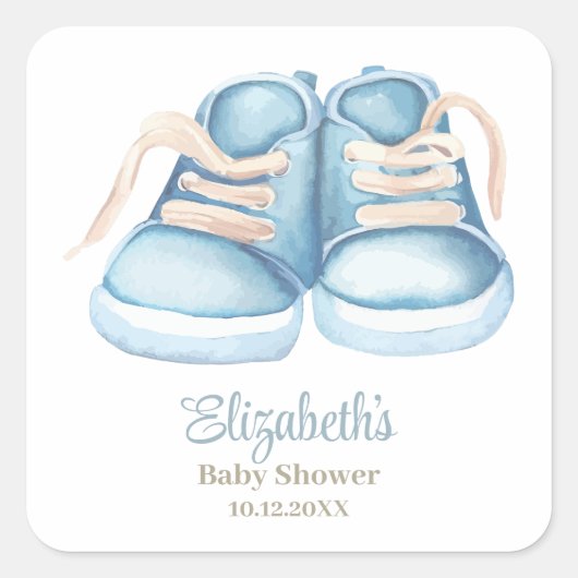 Baby shower Blauwe Baby schoenen Vierkante Sticker (Voorkant)